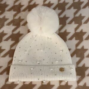 Lilly Pulitzer Coconut Pearl & Rhinestone Knit Faux Fur Pom Pom Beanie Hat NWOP